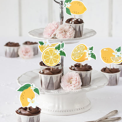 24 Pack Lemon Cupcake Toppers Juicy Fruit Summer Birthday Cupcake Picks for Lemon Theme Baby Shower Birthday Wedding Bridal Shower Bachelorette Party Cake Decorations