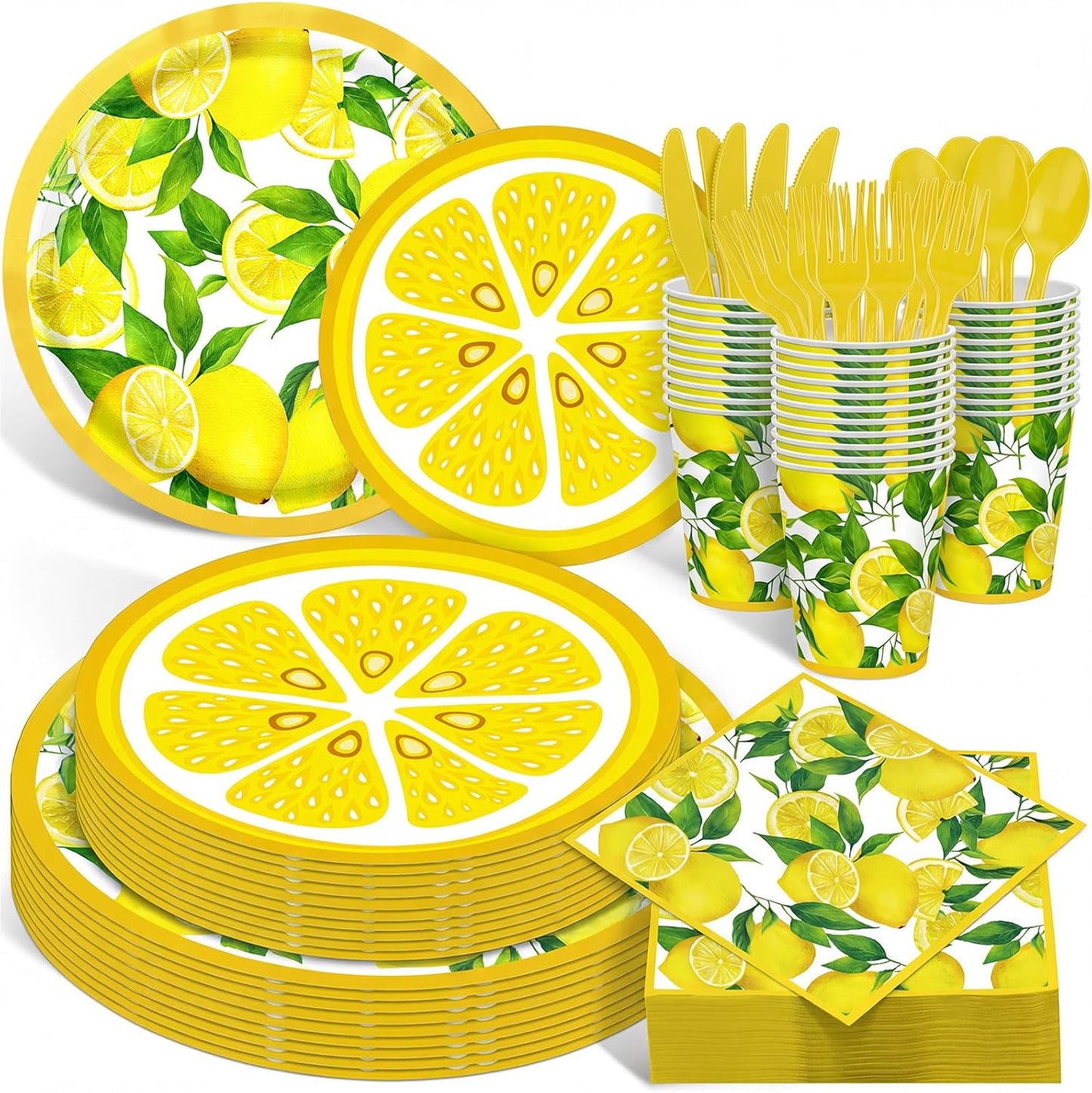 400 Pcs Lemon Party Supplies Summer Fruit Disposable Plates Napkins Cups Spoons Forks Knives for Yellow Lemons Birthday Wedding Bridal Shower Baby Shower Table Decorations Serve 50