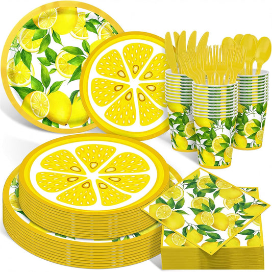 400 Pcs Lemon Party Supplies Summer Fruit Disposable Plates Napkins Cups Spoons Forks Knives for Yellow Lemons Birthday Wedding Bridal Shower Baby Shower Table Decorations Serve 50
