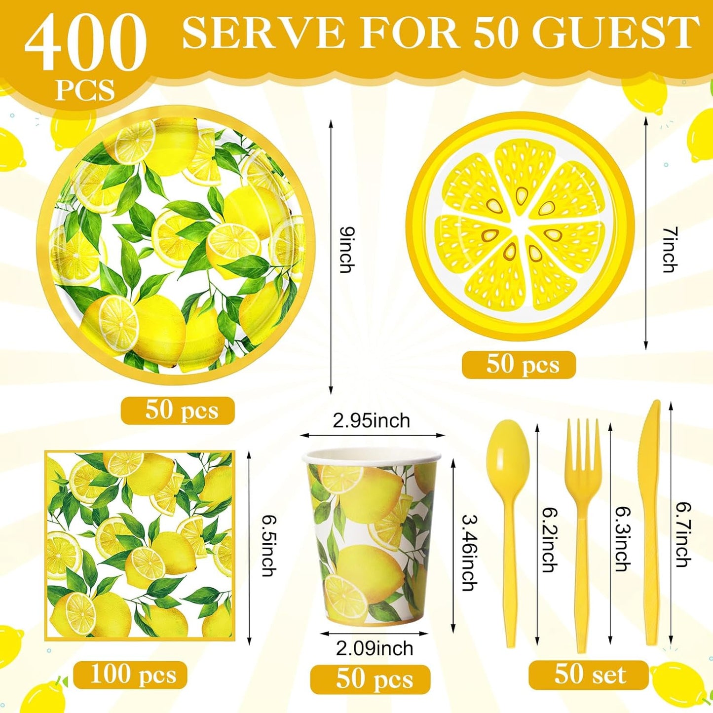 400 Pcs Lemon Party Supplies Summer Fruit Disposable Plates Napkins Cups Spoons Forks Knives for Yellow Lemons Birthday Wedding Bridal Shower Baby Shower Table Decorations Serve 50