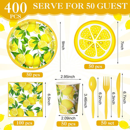 400 Pcs Lemon Party Supplies Summer Fruit Disposable Plates Napkins Cups Spoons Forks Knives for Yellow Lemons Birthday Wedding Bridal Shower Baby Shower Table Decorations Serve 50