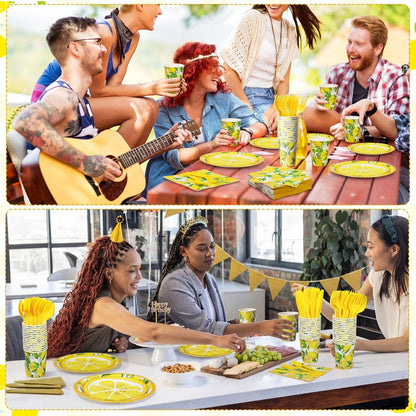 400 Pcs Lemon Party Supplies Summer Fruit Disposable Plates Napkins Cups Spoons Forks Knives for Yellow Lemons Birthday Wedding Bridal Shower Baby Shower Table Decorations Serve 50