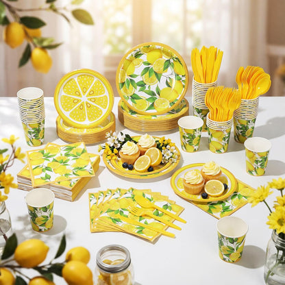 400 Pcs Lemon Party Supplies Summer Fruit Disposable Plates Napkins Cups Spoons Forks Knives for Yellow Lemons Birthday Wedding Bridal Shower Baby Shower Table Decorations Serve 50