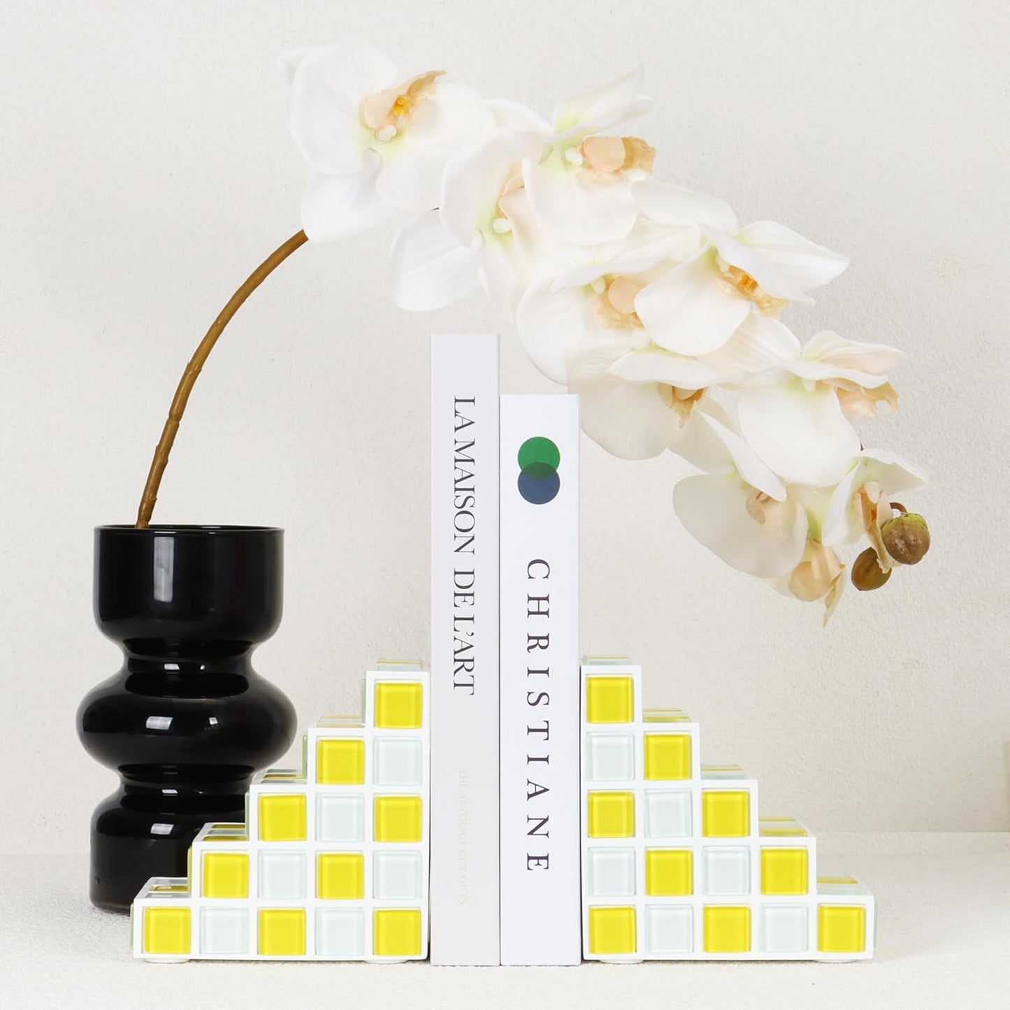 Decorative Bookends for Shelves - Stair Book Ends for Heavy Books - Unique Book Stopper & Holder for Shelves - Modern Home Decor Aesthetic Bookshelf Decor (Yellow & White)