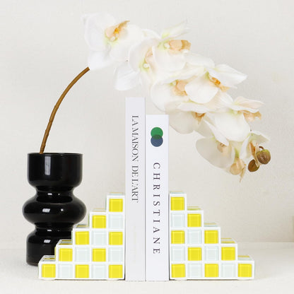 Decorative Bookends for Shelves - Stair Book Ends for Heavy Books - Unique Book Stopper & Holder for Shelves - Modern Home Decor Aesthetic Bookshelf Decor (Yellow & White)