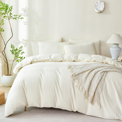 King Comforter Set Beige Striped 100% Soft Washed Microfiber Jacquard 3 Pieces King Striped Bedding Sets Beige Yellow Comforter for All Seasons and 2 Pillowcases Comfort Breathable