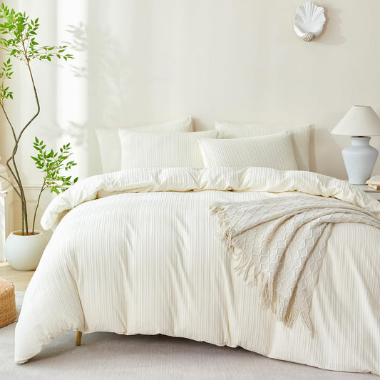 King Comforter Set Beige Striped 100% Soft Washed Microfiber Jacquard 3 Pieces King Striped Bedding Sets Beige Yellow Comforter for All Seasons and 2 Pillowcases Comfort Breathable
