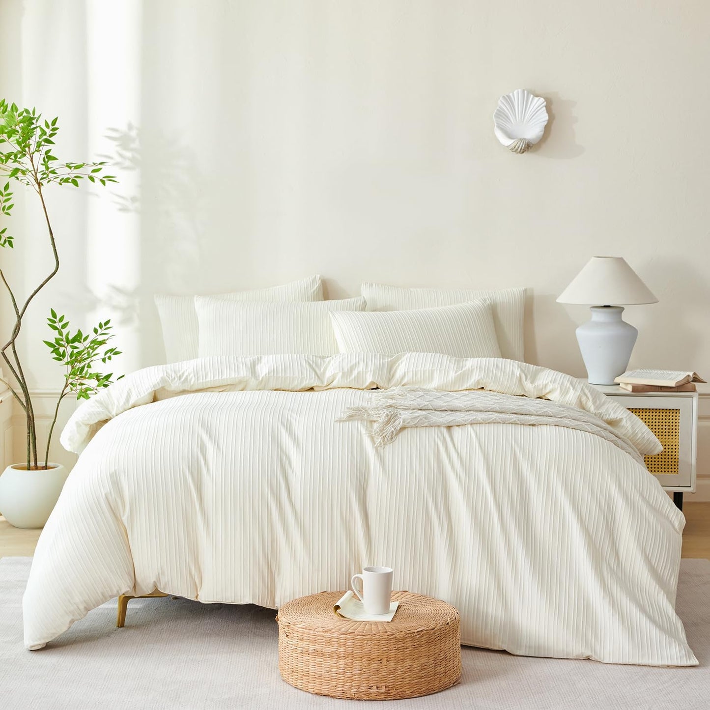 King Comforter Set Beige Striped 100% Soft Washed Microfiber Jacquard 3 Pieces King Striped Bedding Sets Beige Yellow Comforter for All Seasons and 2 Pillowcases Comfort Breathable