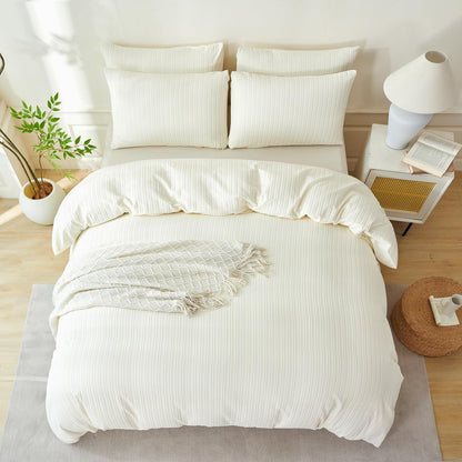 King Comforter Set Beige Striped 100% Soft Washed Microfiber Jacquard 3 Pieces King Striped Bedding Sets Beige Yellow Comforter for All Seasons and 2 Pillowcases Comfort Breathable