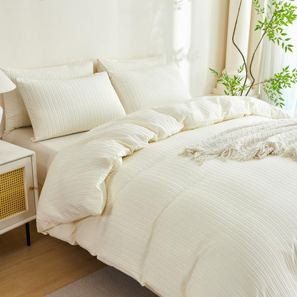 King Comforter Set Beige Striped 100% Soft Washed Microfiber Jacquard 3 Pieces King Striped Bedding Sets Beige Yellow Comforter for All Seasons and 2 Pillowcases Comfort Breathable