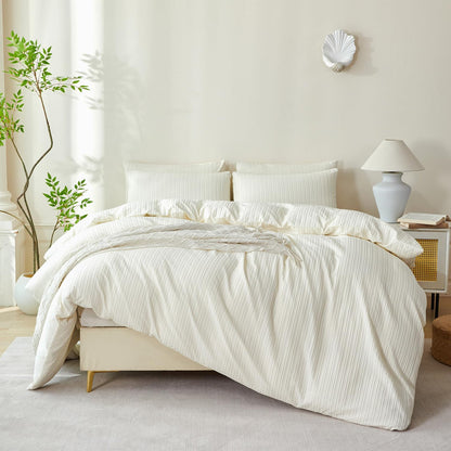 King Comforter Set Beige Striped 100% Soft Washed Microfiber Jacquard 3 Pieces King Striped Bedding Sets Beige Yellow Comforter for All Seasons and 2 Pillowcases Comfort Breathable
