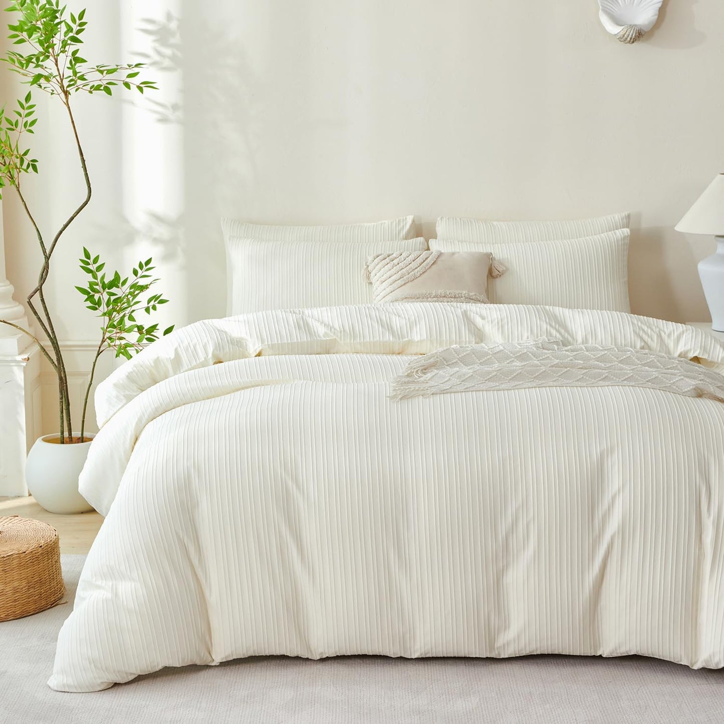 King Comforter Set Beige Striped 100% Soft Washed Microfiber Jacquard 3 Pieces King Striped Bedding Sets Beige Yellow Comforter for All Seasons and 2 Pillowcases Comfort Breathable