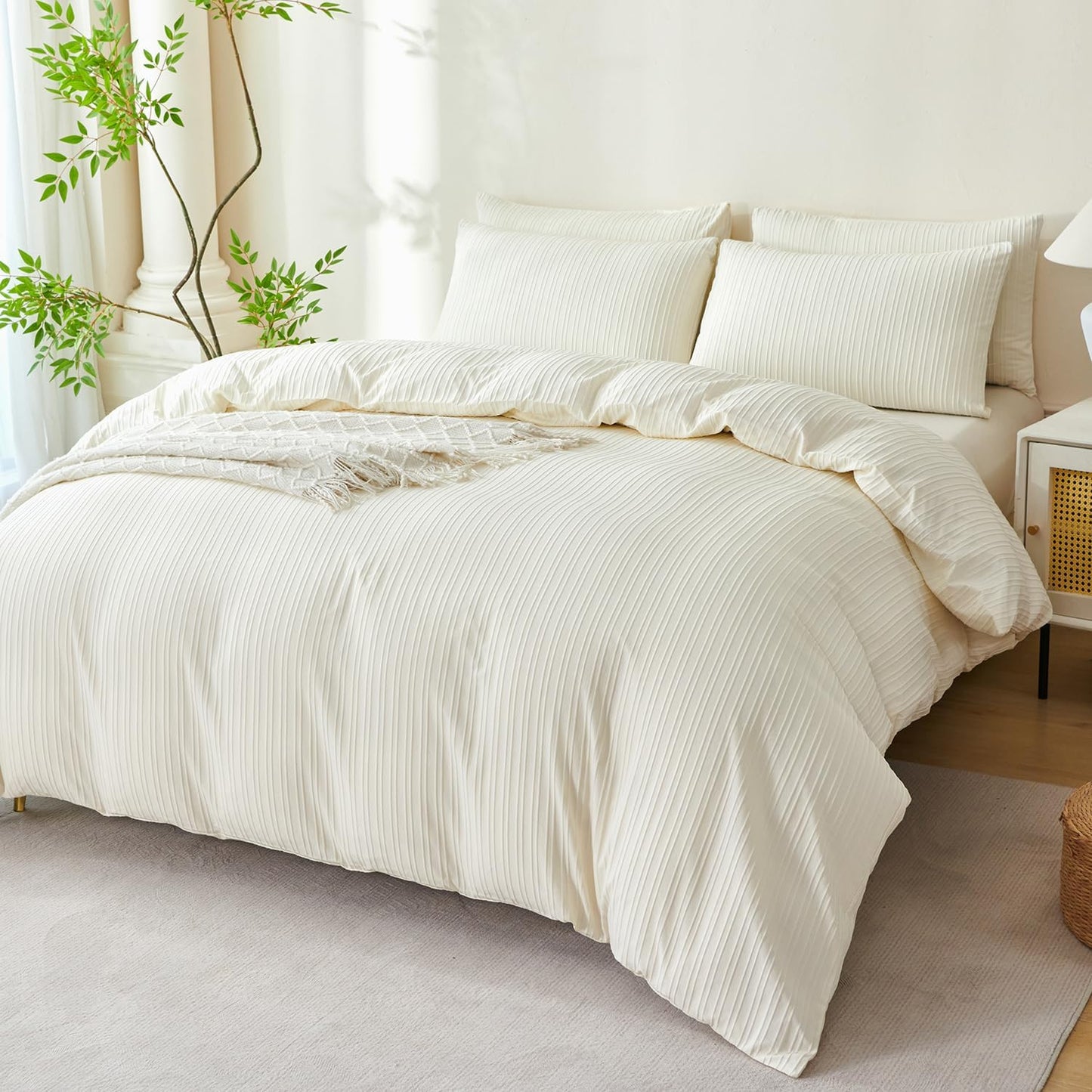 King Comforter Set Beige Striped 100% Soft Washed Microfiber Jacquard 3 Pieces King Striped Bedding Sets Beige Yellow Comforter for All Seasons and 2 Pillowcases Comfort Breathable