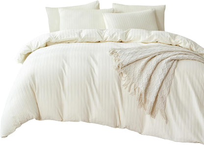King Comforter Set Beige Striped 100% Soft Washed Microfiber Jacquard 3 Pieces King Striped Bedding Sets Beige Yellow Comforter for All Seasons and 2 Pillowcases Comfort Breathable