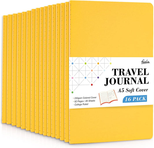 16 Pack Soft Cover Journal Bulk, Lined Notebooks College Ruled for Work for Women Girl Writing, Blank Travel Journal Note Taking Notebook School Business Supplies, 8.2” x 5.5”, A5, Yellow