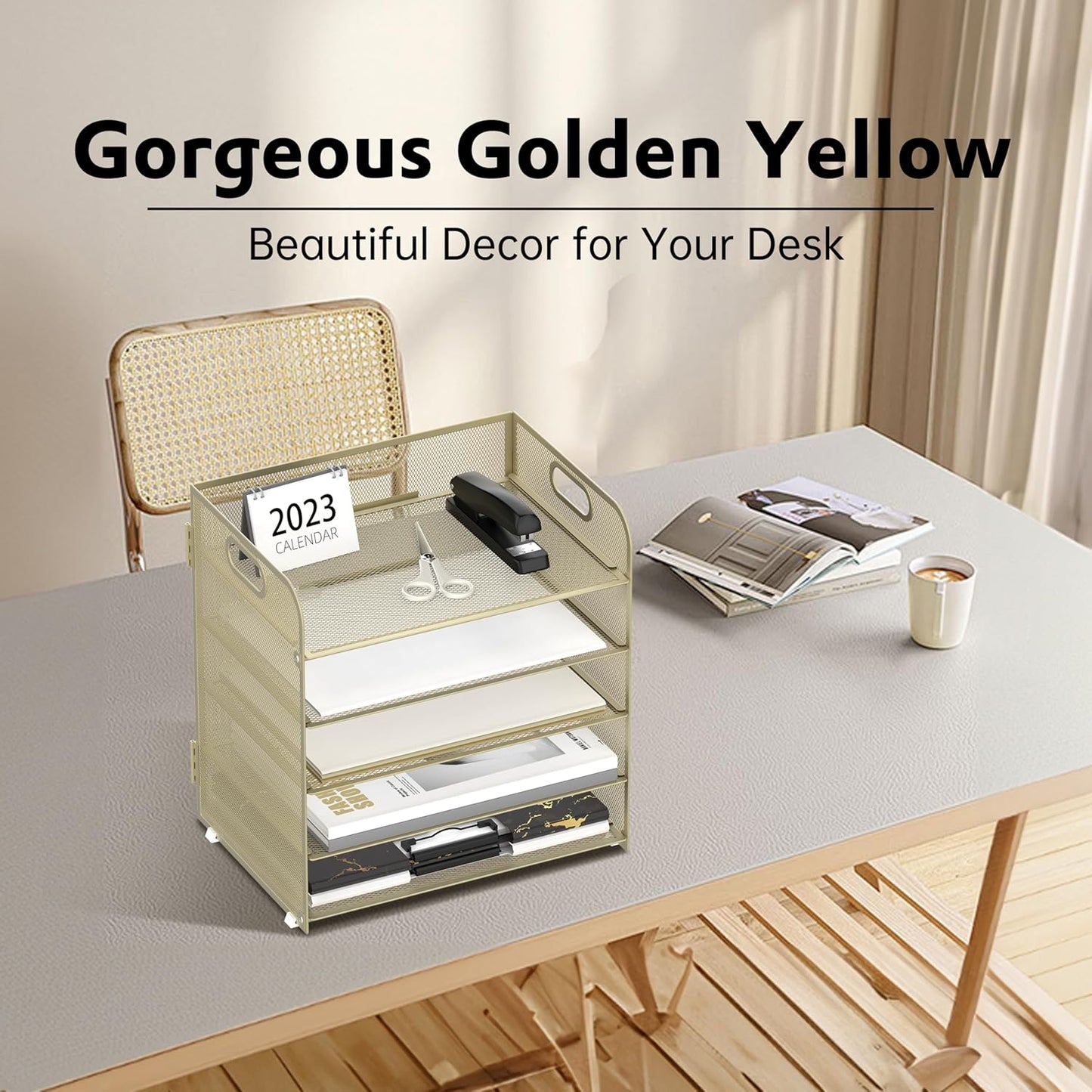 5 Trays Paper Organizer Letter Tray with Handle-Mesh Desk File Organizer,Pink Paper Sorter Desk Organizer for Office, Home or School (Gold Yellow)