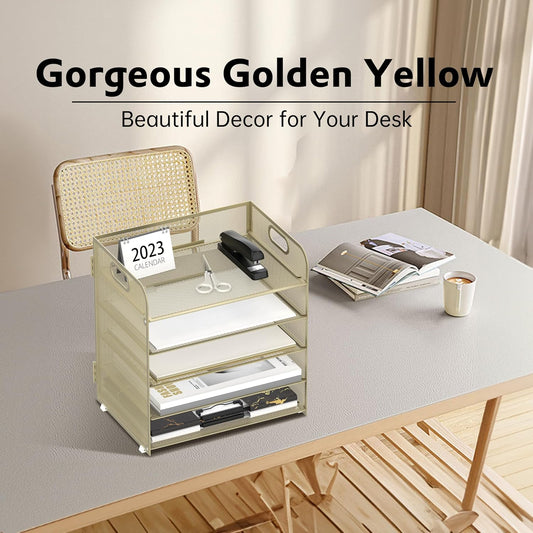 5 Trays Paper Organizer Letter Tray with Handle-Mesh Desk File Organizer,Pink Paper Sorter Desk Organizer for Office, Home or School (Gold Yellow)