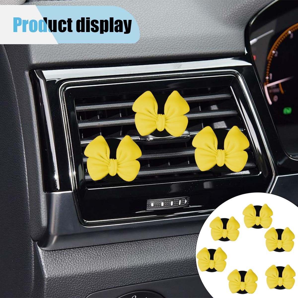 6PCS Bow Car Air Freshener Clips, Cute Air Conditioning Vent Clip, Aesthetic Car Interior Decoration Accessories, Automotive Dashboard Air Vent Trim Clip for Women Girl (Yellow)