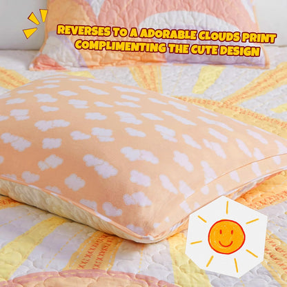 Intelligent Design Kids Twin Quilt Bedding Set, Cotton Coverlet Sun Girls Bedding Set Rainbow & Clouds Reversible Dawn Light & Breathable Sham Throw Pillow Twin Yellow/Coral 3 Piece