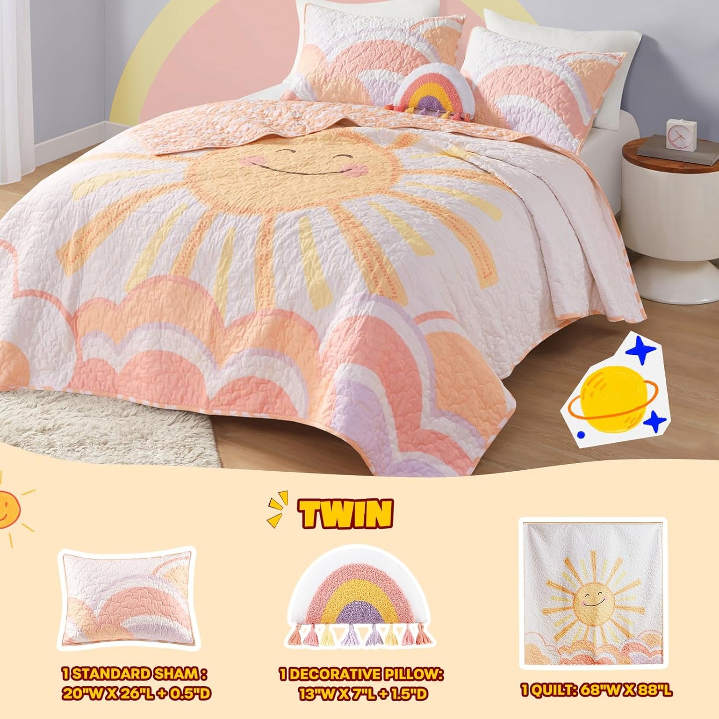 Intelligent Design Kids Twin Quilt Bedding Set, Cotton Coverlet Sun Girls Bedding Set Rainbow & Clouds Reversible Dawn Light & Breathable Sham Throw Pillow Twin Yellow/Coral 3 Piece