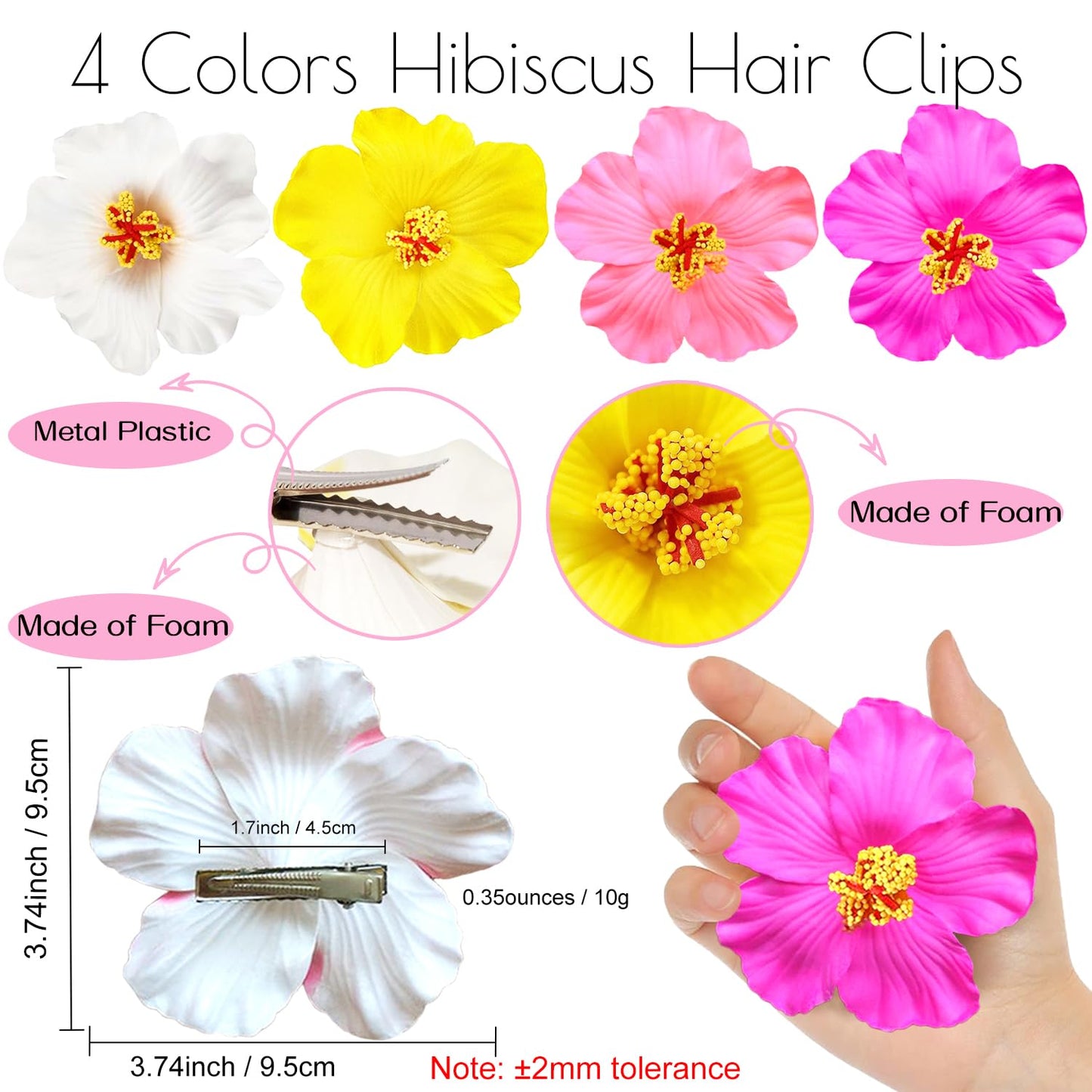 4Pcs Hawaiian Flower Hair Clips for Women,Plumeria Hibiscus Hair Clips Rose Hair Barrettes 3.5 Inch Artificial Flower Clips,Hair Accessories for Vacation Beach Party, Boho Clips for Girls Wedding