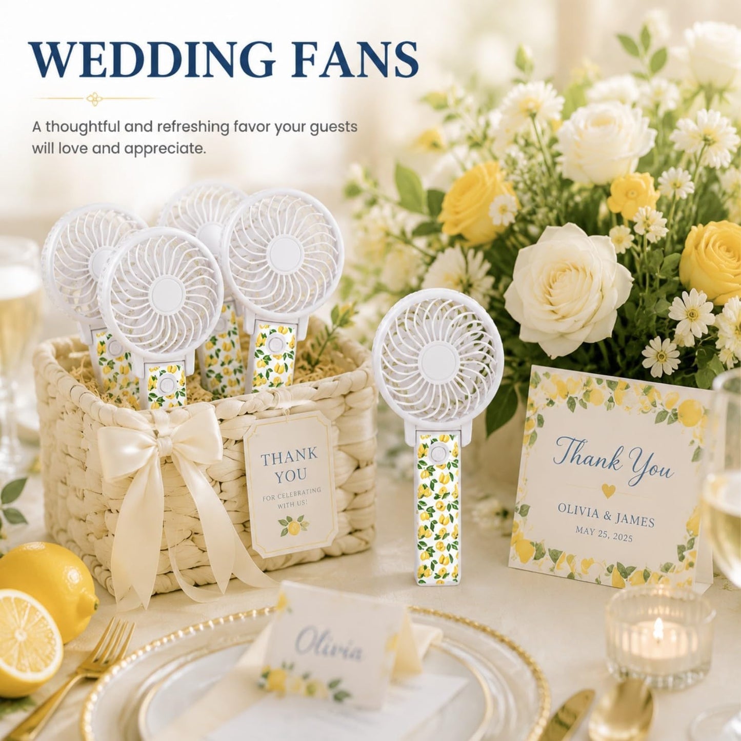 25 Pcs Lemon Party Decorations Bulk Mini Fans 180° Foldable Portable Handheld Desk Fans for Wedding Guest Gift Bag Stuffers Lemonade Themed Bridal Shower Citrus Birthday Party Favors