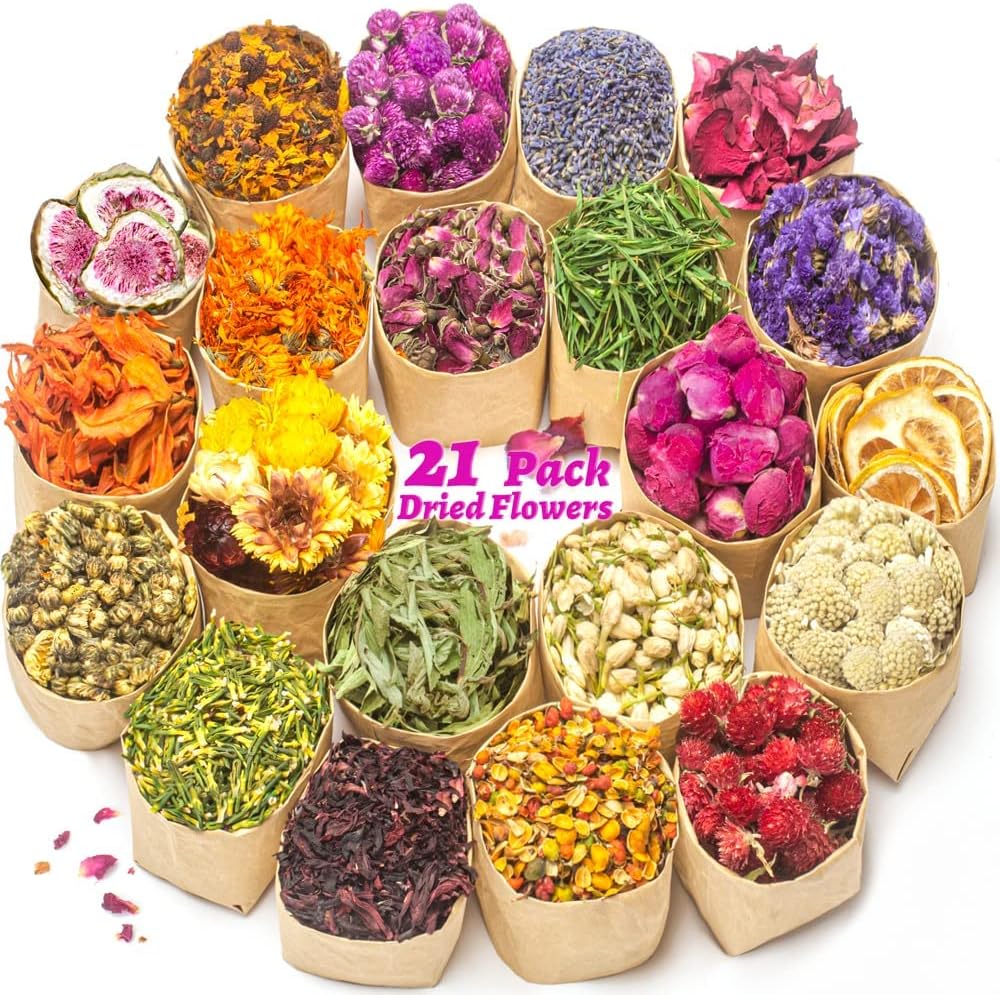 Dried Flowers, 21 Bags 100% Natural Dry Flower Herbs Kit for Crafts | For Soap, DIY Candle, Baths and Resin Jewelry Making, Includes Lavender, Don't Forget Me, Lily, Rose Petals, Jasmine and More