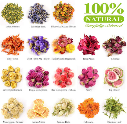Dried Flowers, 21 Bags 100% Natural Dry Flower Herbs Kit for Crafts | For Soap, DIY Candle, Baths and Resin Jewelry Making, Includes Lavender, Don't Forget Me, Lily, Rose Petals, Jasmine and More
