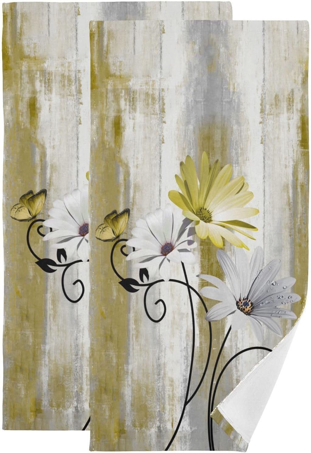 Yellow White Daisy Hand Towels for Bathroom Set of 2 Soft Absorbent Rustic Flower Butterfly on Country Wood Small Bath Towels Decorative Farm Kitchen Dish Towel Guest Bathroom Towels 28x14in