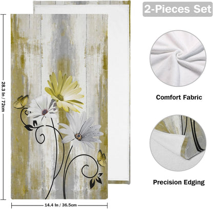Yellow White Daisy Hand Towels for Bathroom Set of 2 Soft Absorbent Rustic Flower Butterfly on Country Wood Small Bath Towels Decorative Farm Kitchen Dish Towel Guest Bathroom Towels 28x14in