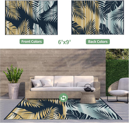Outdoor Rug 6' x 9' Waterproof for Patios Clearance, Reversible Outdoor Plastic Straw Camping Rug Carpet, Large Area Rugs Mats for RV, Camper, Deck, Balcony, Porch, Beach, Picnic, Yellow&Blue
