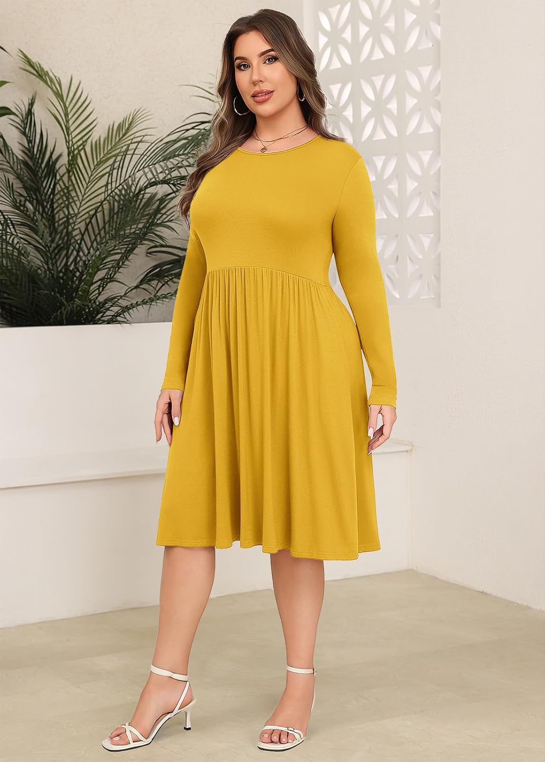 Women's Plus Size Dresses Long Sleeves Crew Neck Casual Dresses Empire Waist Loose Flowy Dress with Pockets