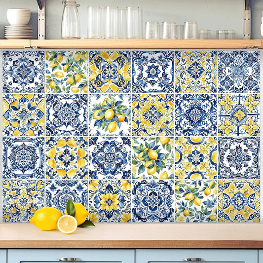 24 Pcs Mediterranean Lemon Tile Stickers 4x4 Watercolor Italian Amalfi Coast Lemon Mandala Peel and Stick Wall Tile Decals Removable for Summer Kitchen Backsplash Bathroom Stair Riser Decor