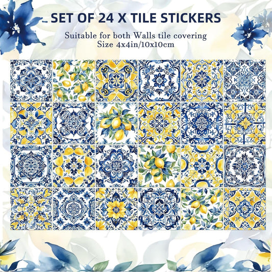 24 Pcs Mediterranean Lemon Tile Stickers 4x4 Watercolor Italian Amalfi Coast Lemon Mandala Peel and Stick Wall Tile Decals Removable for Summer Kitchen Backsplash Bathroom Stair Riser Decor