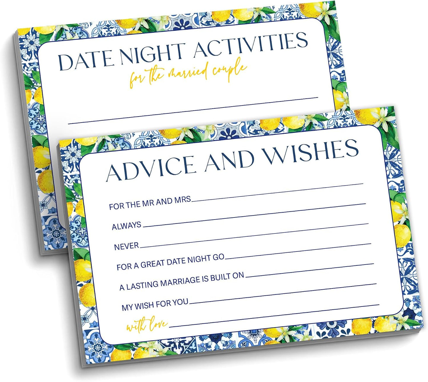 Advice and Wishes Cards for Mr and Mrs, Mediterranean Lemon Wedding Advice Cards Double-Sided, 25 Pcs Italian Blue Bridal Shower Game for Newlyweds, Date Night Activities & Reception Decorations -A08