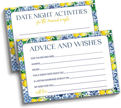 Advice and Wishes Cards for Mr and Mrs, Mediterranean Lemon Wedding Advice Cards Double-Sided, 25 Pcs Italian Blue Bridal Shower Game for Newlyweds, Date Night Activities & Reception Decorations -A08
