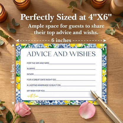 Advice and Wishes Cards for Mr and Mrs, Mediterranean Lemon Wedding Advice Cards Double-Sided, 25 Pcs Italian Blue Bridal Shower Game for Newlyweds, Date Night Activities & Reception Decorations -A08