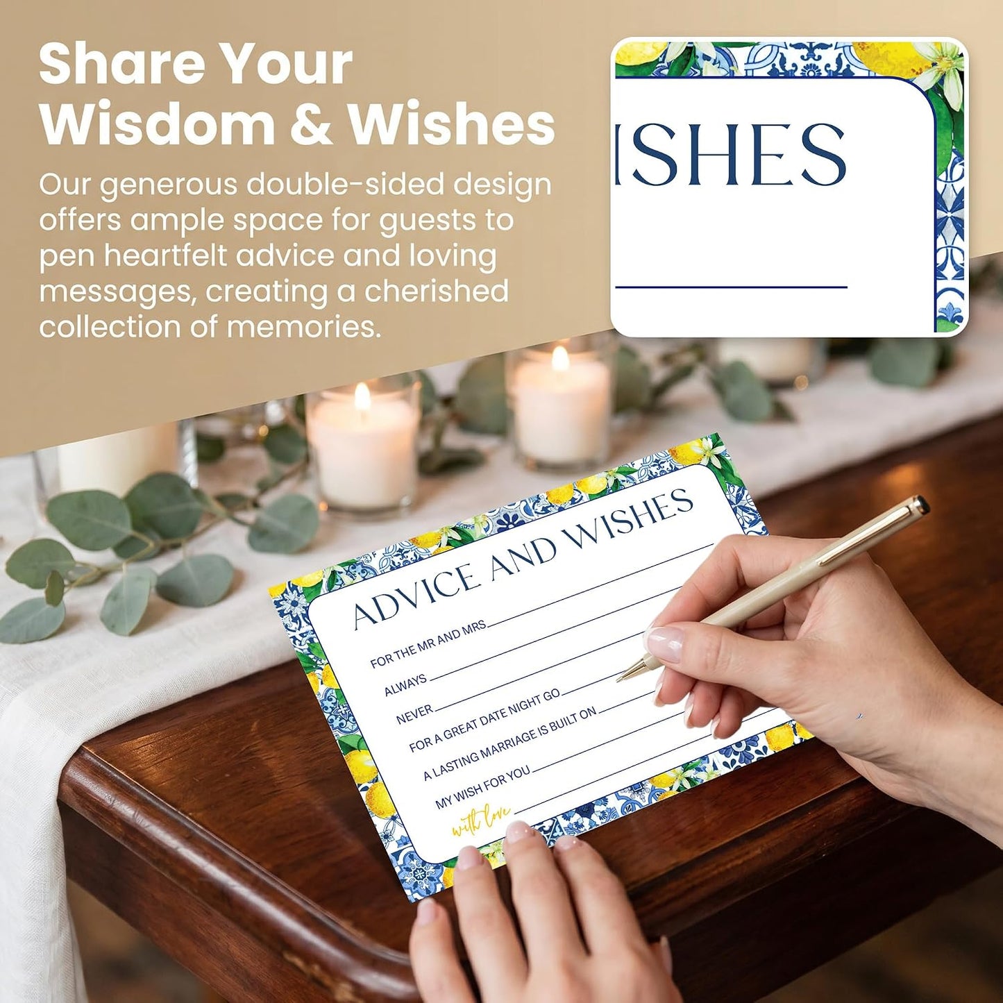Advice and Wishes Cards for Mr and Mrs, Mediterranean Lemon Wedding Advice Cards Double-Sided, 25 Pcs Italian Blue Bridal Shower Game for Newlyweds, Date Night Activities & Reception Decorations -A08