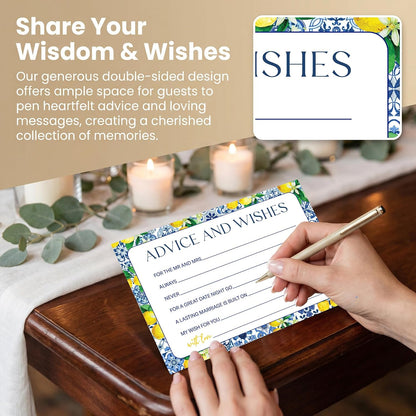 Advice and Wishes Cards for Mr and Mrs, Mediterranean Lemon Wedding Advice Cards Double-Sided, 25 Pcs Italian Blue Bridal Shower Game for Newlyweds, Date Night Activities & Reception Decorations -A08