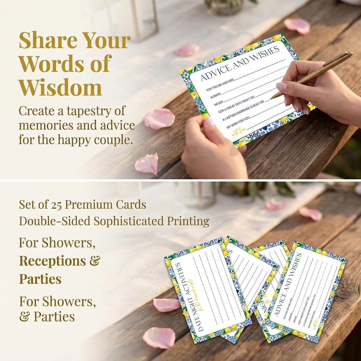 Advice and Wishes Cards for Mr and Mrs, Mediterranean Lemon Wedding Advice Cards Double-Sided, 25 Pcs Italian Blue Bridal Shower Game for Newlyweds, Date Night Activities & Reception Decorations -A08
