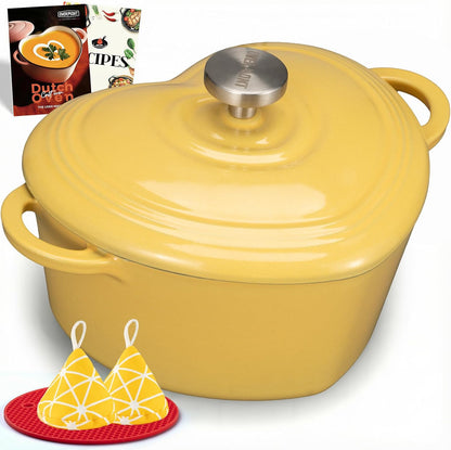 Enameled Cast Iron Dutch Oven - 2QT Heart-Shaped Mini Pot with Lid | Oven Safe to 500°F, Mini Cookware with Recipe Potholder, for Bread Baking Soups Stews, Gift for Wedding Birthday Housewarming