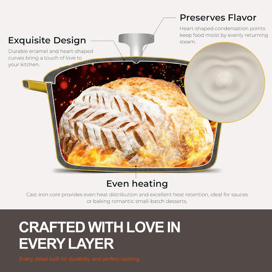 Enameled Cast Iron Dutch Oven - 2QT Heart-Shaped Mini Pot with Lid | Oven Safe to 500°F, Mini Cookware with Recipe Potholder, for Bread Baking Soups Stews, Gift for Wedding Birthday Housewarming