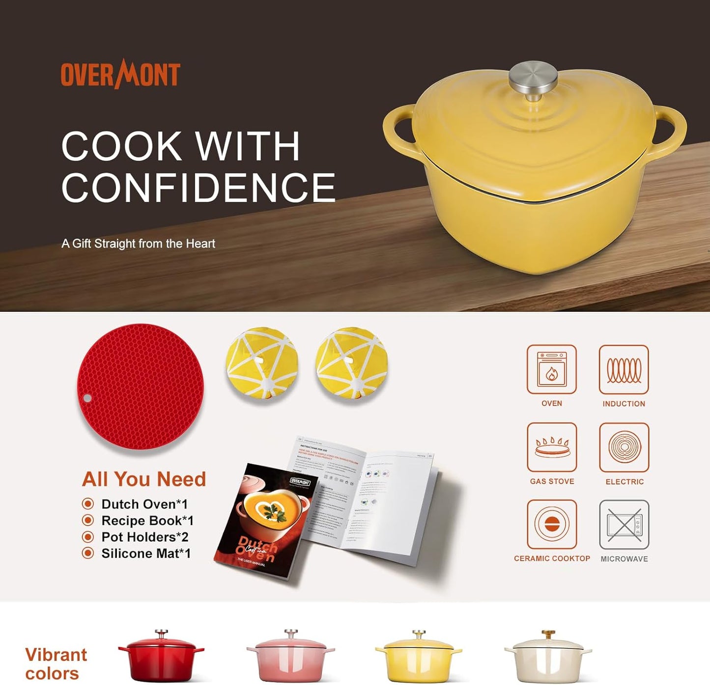 Enameled Cast Iron Dutch Oven - 2QT Heart-Shaped Mini Pot with Lid | Oven Safe to 500°F, Mini Cookware with Recipe Potholder, for Bread Baking Soups Stews, Gift for Wedding Birthday Housewarming