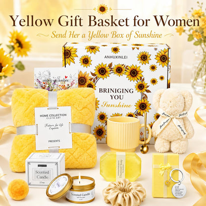 Sunflower Gifts for Women Birthday, 11Pcs Get Well Care Box | Ready-to-Give Sunshine Care Box with Cozy Blanket, Ceramic Mug, Lavender Candle and Spa Essentials