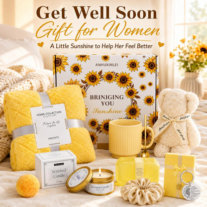 Sunflower Gifts for Women Birthday, 11Pcs Get Well Care Box | Ready-to-Give Sunshine Care Box with Cozy Blanket, Ceramic Mug, Lavender Candle and Spa Essentials