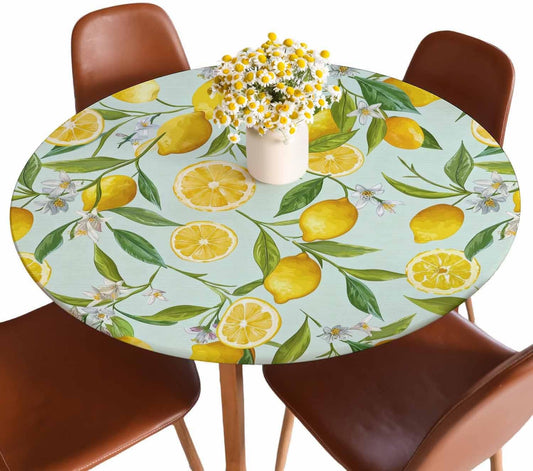 Lemon Fruits Round Table Cloth Cover Vintage Fruit Yellow Lemon Green Leaf Half Piece Tropical Tablecloth for Indoor Outdoor Picnic Party Fit for 40"-44" Round Tables