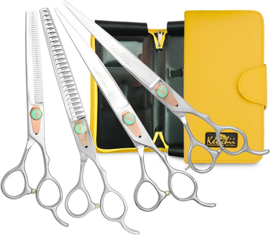 Future Star Dog Grooming Scissors Righty Set Premium Kit for Novice & Pro Groomers Straight Curved Thinner & Blender Shears with Micro Serrated Blades Includes Case and Inserts.