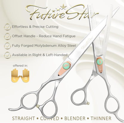 Future Star Dog Grooming Scissors Righty Set Premium Kit for Novice & Pro Groomers Straight Curved Thinner & Blender Shears with Micro Serrated Blades Includes Case and Inserts.