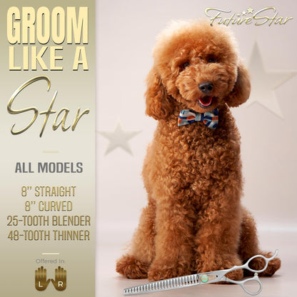 Future Star Dog Grooming Scissors Righty Set Premium Kit for Novice & Pro Groomers Straight Curved Thinner & Blender Shears with Micro Serrated Blades Includes Case and Inserts.