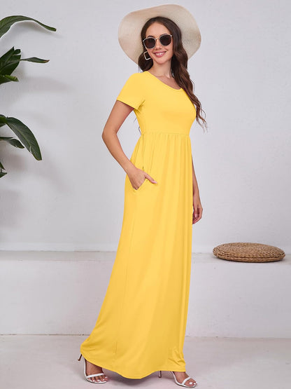 Maxi Dress for Women Short Sleeve Casual Summer Loose Plain Comfy Long Dresses with Pockets